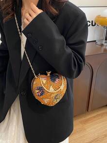 Túi xách hình trái tim bất đối xứng họa tiết hoa mùa hè, Ví cầm tay dự tiệc tối thanh lịch dành cho quý cô, Túi đeo vai dự tiệc, Ví cầm tay dự tiệc trang trọng, Túi đeo chéo xích, Ví đựng son môi và tiền xu - màu nâu - Xem 5