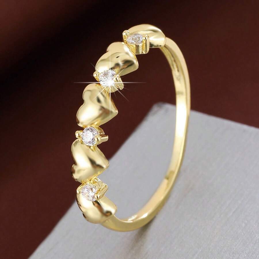 1pc Petite Heart Arrangement Design Cubic Zirconia Inlaid Women's Ring - Multicolor - View 1