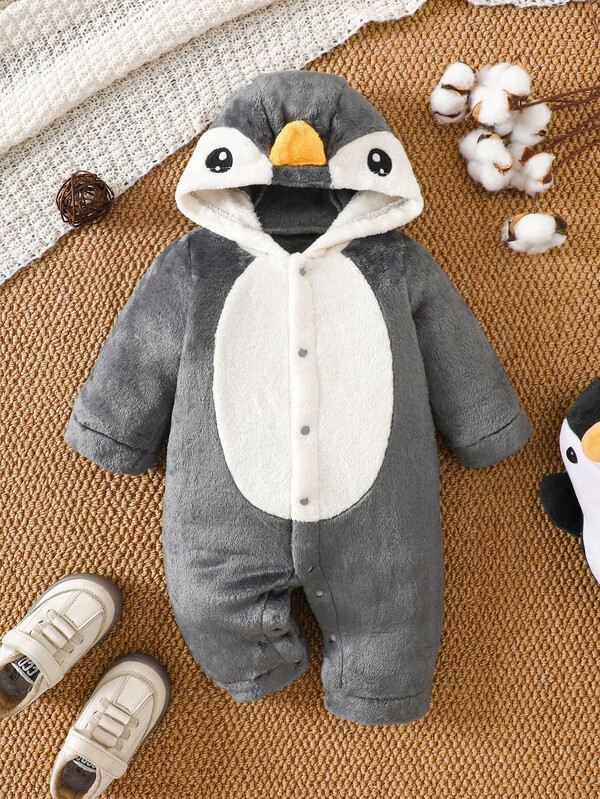 Cartoon Penguin Embroidered Fleece Hooded Romper For Babies & Toddlers, Winter