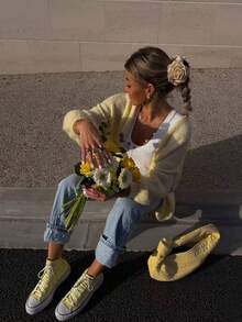 Cardigan tricoté ample et ample à épaules tombantes, couleurs vives, décontracté et énergique, pull d'automne/hiver, Noël, pull de Noël, Nouvel An - Jaune citron - Voir 8