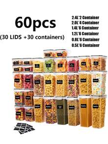 30pcs  Kitchen Decor And Accessories,Vanity,Food Jars And Dispensers, Plastic Airtight Food Storage Containers For Cereals, Snacks And Sugar, Grain Dispensers With Labels And Markings, Dishwasher , Kitchen Accessories,Local Warehouse,Organization And Storage