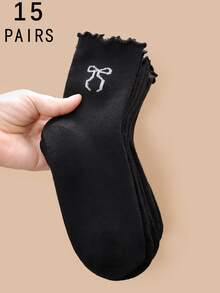 1/3/5/10/15/20 双装 女士黑色荷叶边蝴蝶结舒适简约 JK 款吸湿排汗中筒袜 - 黑色 - 查看 24