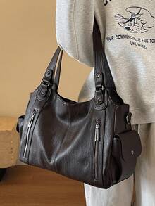 新款时尚经典多功能通勤纯色大容量复古PU皮革单肩包手提包钱包，拉链开口设计，女士单肩包，适合购物和旅行携带。 - 咖啡 - 查看 3