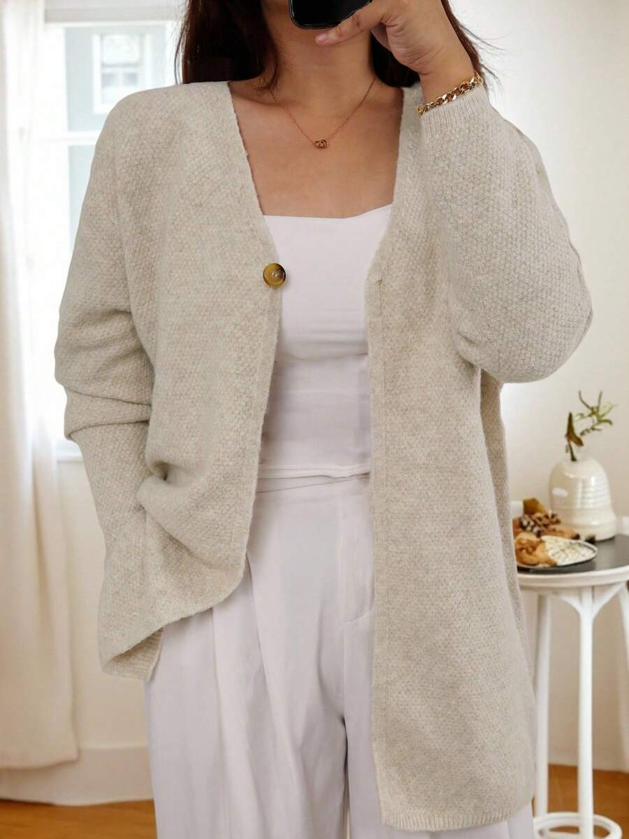 Plus Size Fashionable Minimalist Elegant Versatile Button Cardigan Knit Sweater - Light Brown - View 1