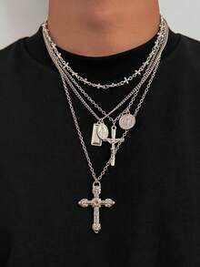 4pcs Znice Fashion Personalized Cross Pendant Necklace, Hiphop Unique Pearl Layered Choker Necklace, Gift For Father's Day And Mother's Day