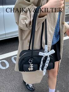 1 chiếc túi đeo vai nữ CHAIKA & KILTER bằng da PU màu trơn, kiểu dáng thời trang retro nhiều ngăn, dung tích lớn, túi Boston bowling có khóa kéo, phù hợp sử dụng hàng ngày và ngoài trời (Đã bán kèm mặt dây chuyền) - màu đen - Xem 8