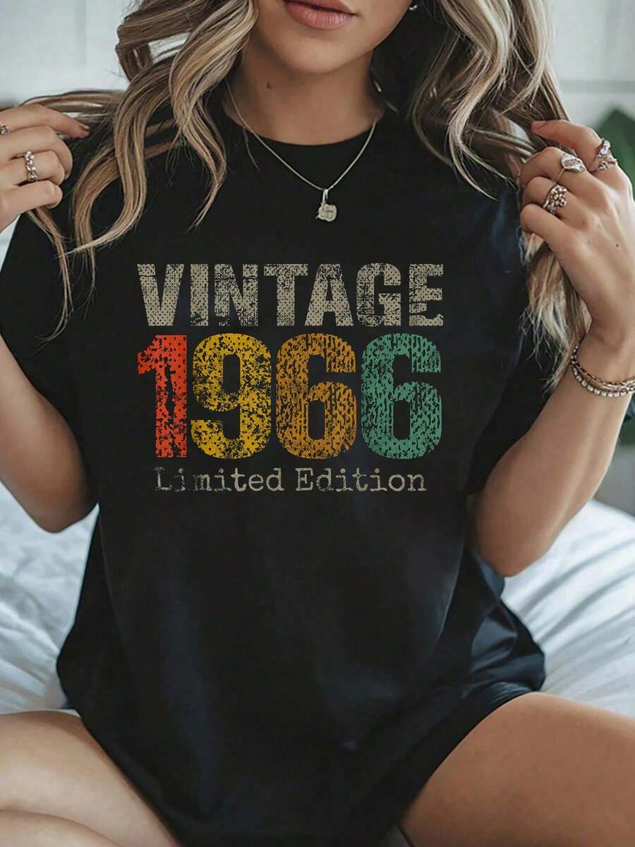 Vintage 1966 Limited Edition 59th Birthday Gifts 59 Year Old T-Shirt -Summer Streets, Personalized Printed Patterns, Round Neck T-Shirts, Women's Tops, Cotton Short Sleeves, Shirts - màu đen - Xem 1