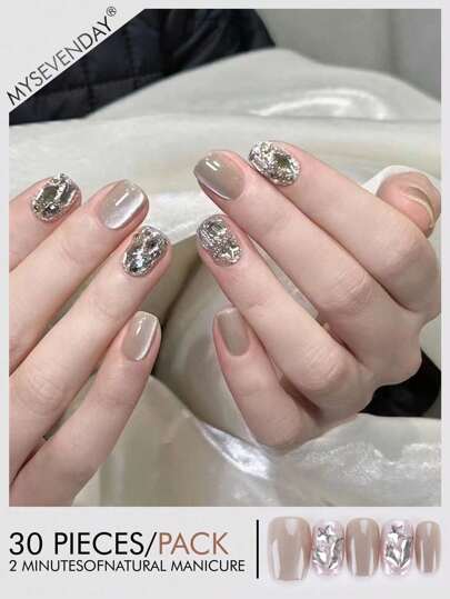 30 Peças de Unhas Postiças Quadradas/Curtas, Encantos de Unhas com Cristal Rosa Cintilante Cinza Damasco, Adequado para Reuniões, Festivais, Halloween e Uso Diário, Acompanha 1 Peça de Cola de Gelatina e 1 Lixa