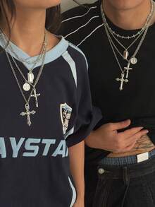 4pcs/8pcs Set Elegant Luxury Geometric Fine Chain Cross Pendant Necklace Set, Fashionable & Graceful For Couples, Suitable For Vacation, Party, Casual Daily Wear, Street Style, Holiday, Birthday, Versatile Necklace Gift - Necklace - View 3