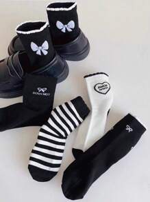 5双公主风荷叶边蝴蝶结条纹袜，休闲运动女童袜，秋冬款 - 彩色 - 查看 4
