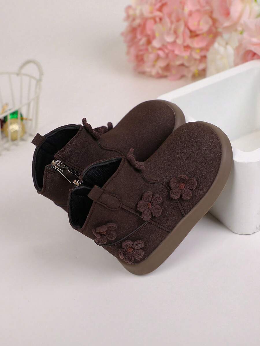 1 Pair Children's Fashionable, Comfortable And Versatile Boots With Side Zipper Design, Suitable For Family Gatherings, Outdoor, And School - Brown - View 1