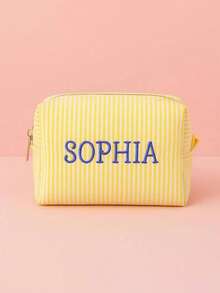 Customized Text & Striped Travel Toiletry Bag - Personalized Zipper Cosmetic Organizer Pouch, Portable Polyester Storage Box, Suitable For Travel, School, Dorm Or Home - Perfect Gift For Mom And Wife, School Essential Organizer, Waffle Material + Exclusive Name Embroidery, Christmas, Valentine's Day Gift, Makeup Brush Holder, Makeup Mirror Makeup Brush Lipstick Organizer, Portable For Business Trip And Travel. Suitable For Storing Cosmetics, Stationery, Car Accessories Christmas Beauty Accessories