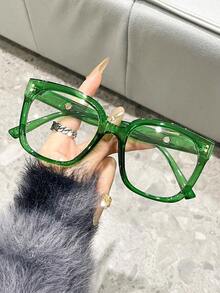 1 Pair Women's Square Green Frame Fashion Decorative Non-Prescription Glasses, Versatile Daily Accessory - Multicolor - View 1
