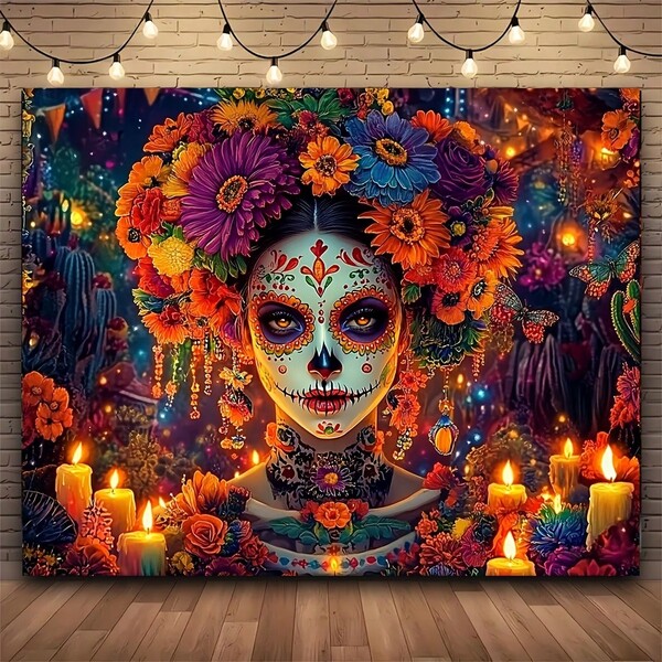 1 pieza Tapiz de calavera de azúcar de fibra de poliéster extra grande en 2D estilo plano Día de los Muertos, decoración de pared Día de los Muertos de colores vibrantes, adecuado para fondo de fiesta mexicana, accesorios de cabina de fotos, decoración de celebración