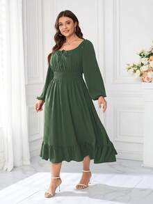 Women's Plus Size Midi Dress Long Sleeve Scoop Neck Elastic High Waist A Line Dresses Women Wedding Guest Dress - 軍綠色 - 查看 3