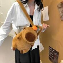 Mochila de peluche capibara, diseño divertido y suave, material peluche premium, compartimentos funcionales, ideal para niños y adultos. - Café - Ver 2