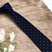 Luxury Men's Skinny Tie Polyester Silk Solid Color Polka Dots Slim Jacquard Groomsmen Tie - 藏蓝色 - 查看 2