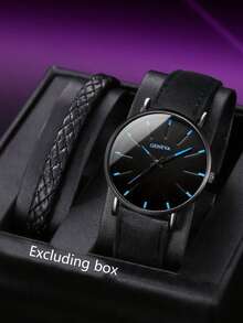 1pc Men's Business Leather Strap Quartz Watch Paired With 1pc Versatile Simple Braided Rope Bracelet