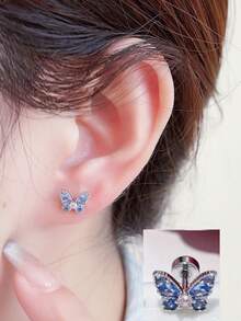 2 Stücke/Set zarte rosa, weiße, blaue Schmetterling Titan Stahl Hypoallergene Ohrknorpel Ohrstecker, funkelnde zweifarbige Schmetterling Titan Stahl Ohrclips Ohrringe, 20G Gewindeohrringe mit Strass