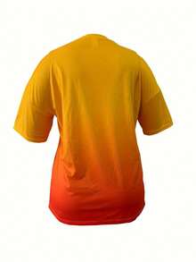 Plus Size Gradient Print V Neck T-Shirt, Casual Short Sleeve Top For Spring & Summer, Women'S Plus Size Clothing - 黃色 - 查看 2