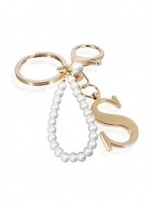 高级优雅金色珍珠字母钥匙扣，字母A-Z立体吊坠，优雅珍珠链闪钻（可根据个人喜好拆卸）时尚合金钥匙扣圈，耳机挂件，背包吊饰汽车钥匙扣 - 金色 - 查看 30