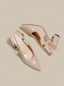 女士杏色漆皮尖头单带粗跟高跟鞋，优雅尖头正式高跟鞋，时尚露跟高跟鞋