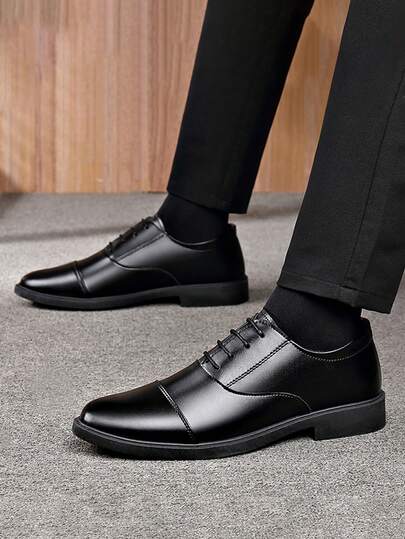 Men's Black Lace-Up Formal Leather Shoes, Suitable For Wedding, Business, Graduation, Casual Occasions