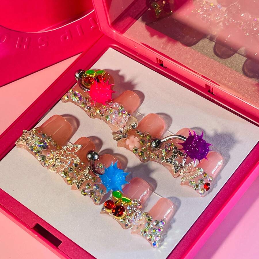 10pcs Y2K Nails Chic Short Duckbill Press On Nails Set - Handcrafted With Shiny Rhinestones, Crowns, Flowers, And Crystal Accents, Features Peach Pink And White French Tip Style, Perfect For Parties & Casual Attire, Suitable For Wedding Parties And Daily Wear, Includes Tool Kit For Easy Application. - 混合色 - 查看 1