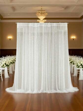 White Pearl Inlaid Sheer Curtains With Elegant Pearl Curtain Tiebacks,6.5Ft X 10Ft Tulle Fabric Lace Table Runners,Elegant Wedding & Party Decor,Panels Solid Color White Sheer Window Curtains,Boho Rustic Tablecloth For Bridal Shower Birthday Party Wedding Arch Aisle Veil Dessert Table Decor Bedroom Living Room.