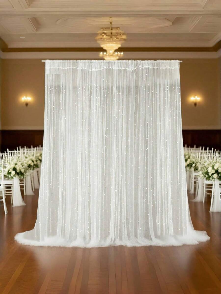 白色珍珠镶嵌薄纱窗帘，配有优雅的珍珠窗帘系带，6.5 英尺 X 10 英尺薄纱面料蕾丝桌旗，优雅的婚礼和派对装饰，纯色白色薄纱窗帘，波西米亚风格乡村桌布，适用于新娘送礼会生日派对婚礼拱门过道面纱甜点桌装饰卧室客厅。