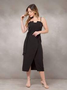 WUUW Tailored Midi Dress With Slit, Long Plain Casual Dress With Straps, Bow Detail, Simple, Zipper, Formal And Evening - màu đen - Xem 4