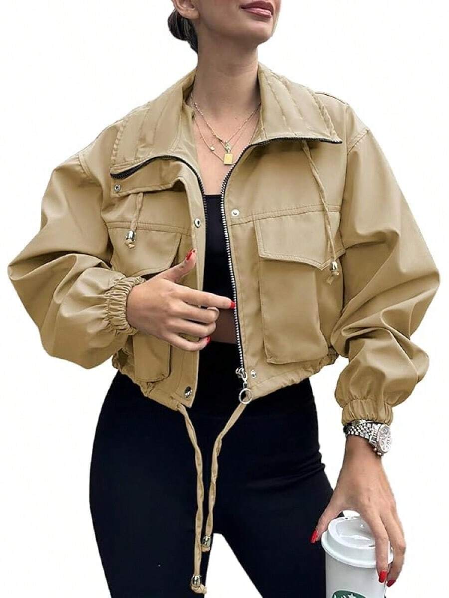 Womens Cropped Zip Up Lightweight Oversized Utility Anorak Coat With Pockets, Style EBU0 - Dark Khaki - View 1