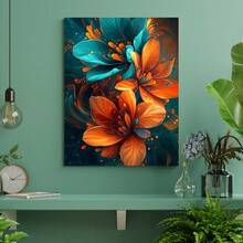 Large Vibrant Orange & Teal Floral Canvas Wall Art With Golden Swirls - Framed Modern Wrapped Canvas Painting Living Room, Bedroom, Dining Room Decor - Indoor Home Decoration, 2D Flat, Room Decor - 彩色 - 查看 10