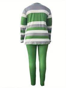 Plus Size Striped Long Sleeve Top And Solid Color Pants Set - Casual Polyester Blend With Pocket Detail, Medium Stretch Fabric, Round Neck Women'S Plus Size Outfit - màu xanh lá - Xem 2