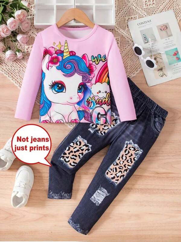 2 pièces/set Haut à manches longues avec imprimé animal licorne mignon pour filles + Pantalon en jean slim imprimé pour filles, jean imprimé numériquement, printemps/automne