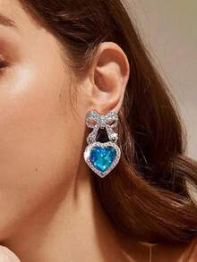 1 Pair Of Gorgeous Pink Heart Shaped Earrings, Exquisite Bow Earrings For Ladies Earrings, Elegant Jewelry Accessories, Wedding Engagement Jewelry, Dinner Prom Decorations, Mother's Day Gifts For Mom - Pink - View 2