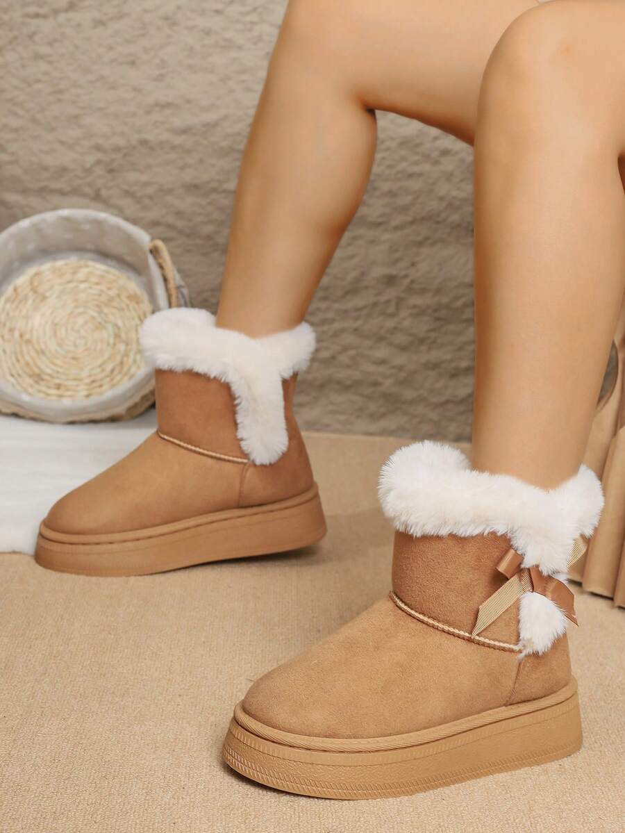 Women's Thick Sole Winter Snow Boots, Bow,Fuzzy Lining, High Quality Material, Elegant Casual Fashion Style, Runs Small, Plus Size Ankle Boots,Women's Fashion Boots