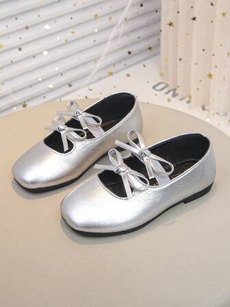 Girls Double Bow Mary Jane Flats – Pink Gold Ballet Dress Shoes