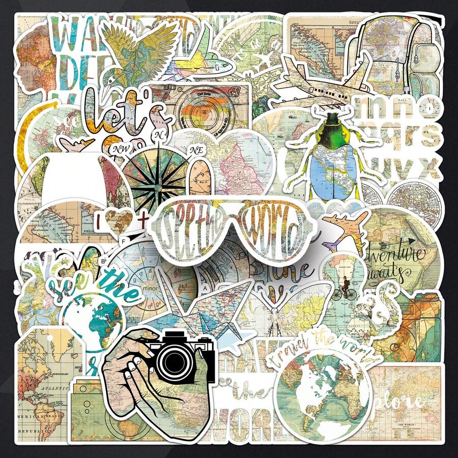 50pcs Retro Vintage World Map Graffiti Creative Decorative Stickers For Notebook, Tablet, Planner - Multicolor - View 1