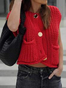 Women's Sleeveless Crochet Sweater Button Down Vintage Casual Streetwear Vest Tops With Pockets Cropped Knit Cardigan Fall Clothes - Red - View 3
