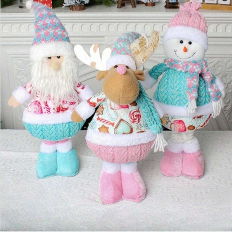 Różowo-niebieskie, dekoracyjne lalki z rozciągliwymi nogami, Święty Mikołaj, renifer, bałwan, dekoracja na imprezę świąteczną