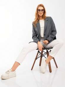 Damen Lässig Blazer Jacke, einfarbig, Knopfverschluss, Büro- & Strandmode, Frühling/Herbst - Dunkelgrau - Übersicht 6