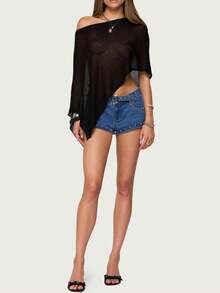 Women's Sheer Ponchos Off Shoulder Short Sleeve Solid Color T-Shirts Asymmetrical Knit Tops - màu đen - Xem 4