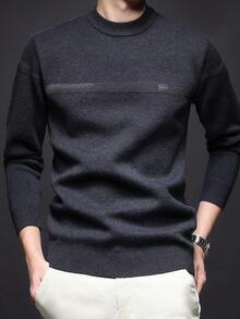 男士厚圆领毛衣，商务休闲提花针织长袖上衣，适合分层穿着或外套，格子和条纹图案，秋冬