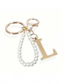高级优雅金色珍珠字母钥匙扣，字母A-Z立体吊坠，优雅珍珠链闪钻（可根据个人喜好拆卸）时尚合金钥匙扣圈，耳机挂件，背包吊饰汽车钥匙扣 - 金色 - 查看 23