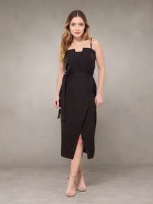 WUUW Tailored Midi Dress With Slit, Long Plain Casual Dress With Straps, Bow Detail, Simple, Zipper, Formal And Evening - màu đen - Xem 1