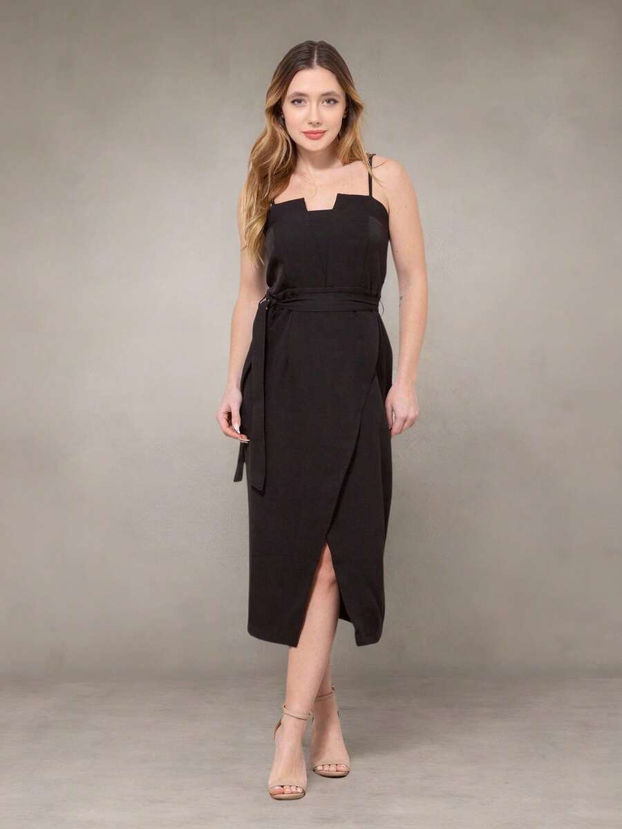 WUUW Tailored Midi Dress With Slit, Long Plain Casual Dress With Straps, Bow Detail, Simple, Zipper, Formal And Evening - màu đen - Xem 1