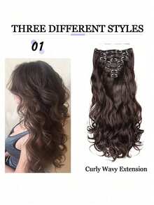 7件套16个夹子，24英寸长卷曲合成假发，耐热发夹，渐变黑棕金色，女士款 - 棕色 - 查看 5