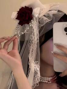 1pc Vintage Bridal Tea Party Headpiece - Floral Lace Veil With Red Rose Accents, Korean/Japanese Style Wedding Photography Parade Accessory, Hand Wash Only Polyester Hair Decor Halloween