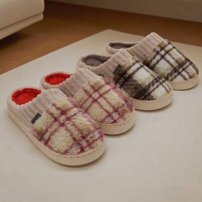 秋冬毛绒一脚蹬拖鞋，保暖室内棉质情侣家居拖鞋，防滑鞋底